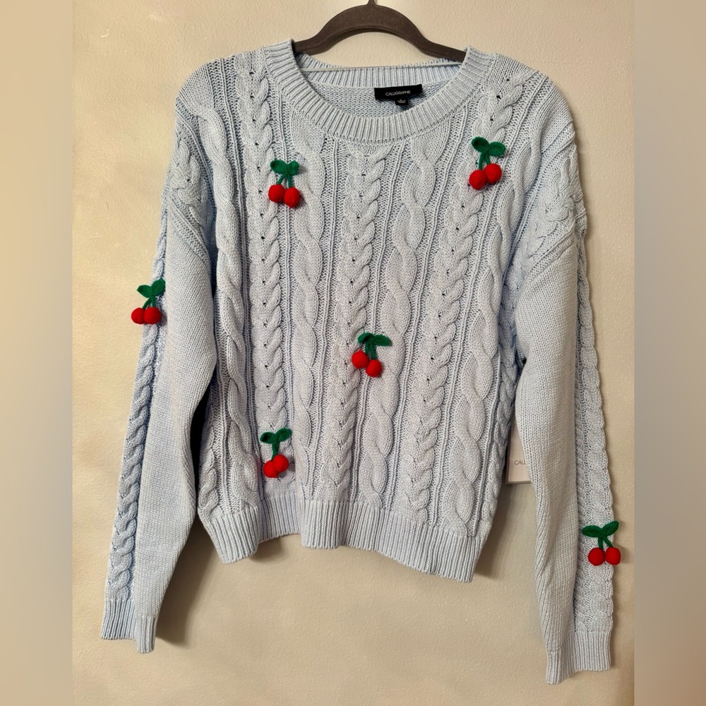 Light Blue Cable Knit Anthropology Calligraphie Sweater with Cherry Accents.L.
